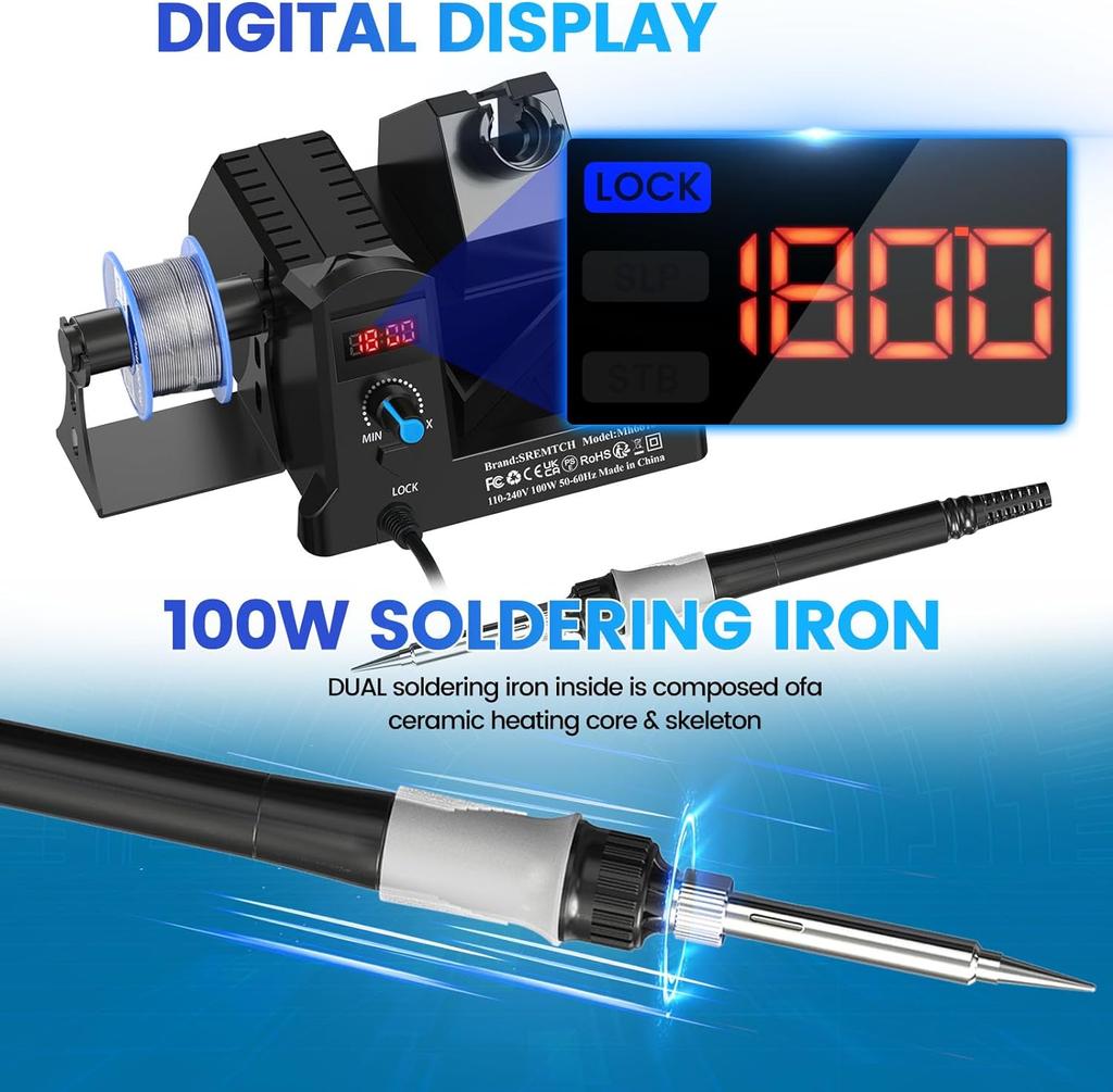 100-W-Lötkolbenstation mit Digitalanzeige, 12-in-1-Lötset, einstellbare Temperatur von 180 °C bis 480 °C