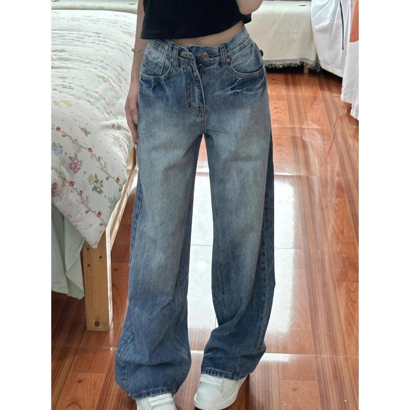 Tall Longer Version American Retro Wide-leg Jeans Women Summer High-waisted Loose Slimming Straight Pants