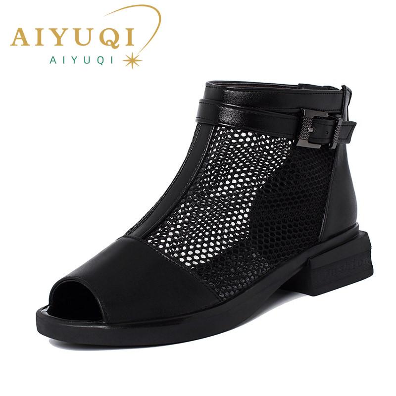 

Fashion AIYUQI Sandals Women Hollow Summer Genuine Leather Mesh Women Sandals Open Toe Large Size 35-43 Low-heel Sandals Ladies Black 43 чёрный