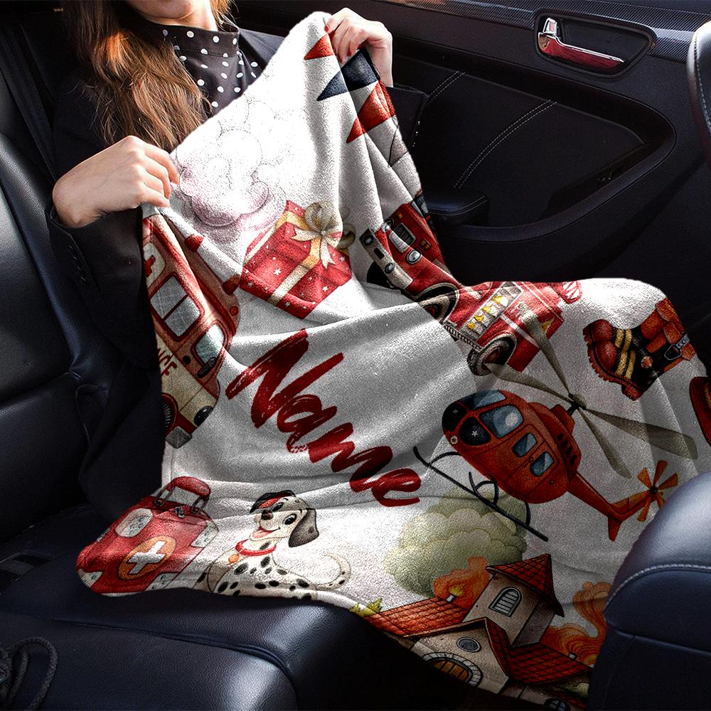 Custom Name fire truck Theme Printed Blanket - Perfect for Couch, Bed, Travel & Outdoor Use | Machine Washable, Cozy & Durable.