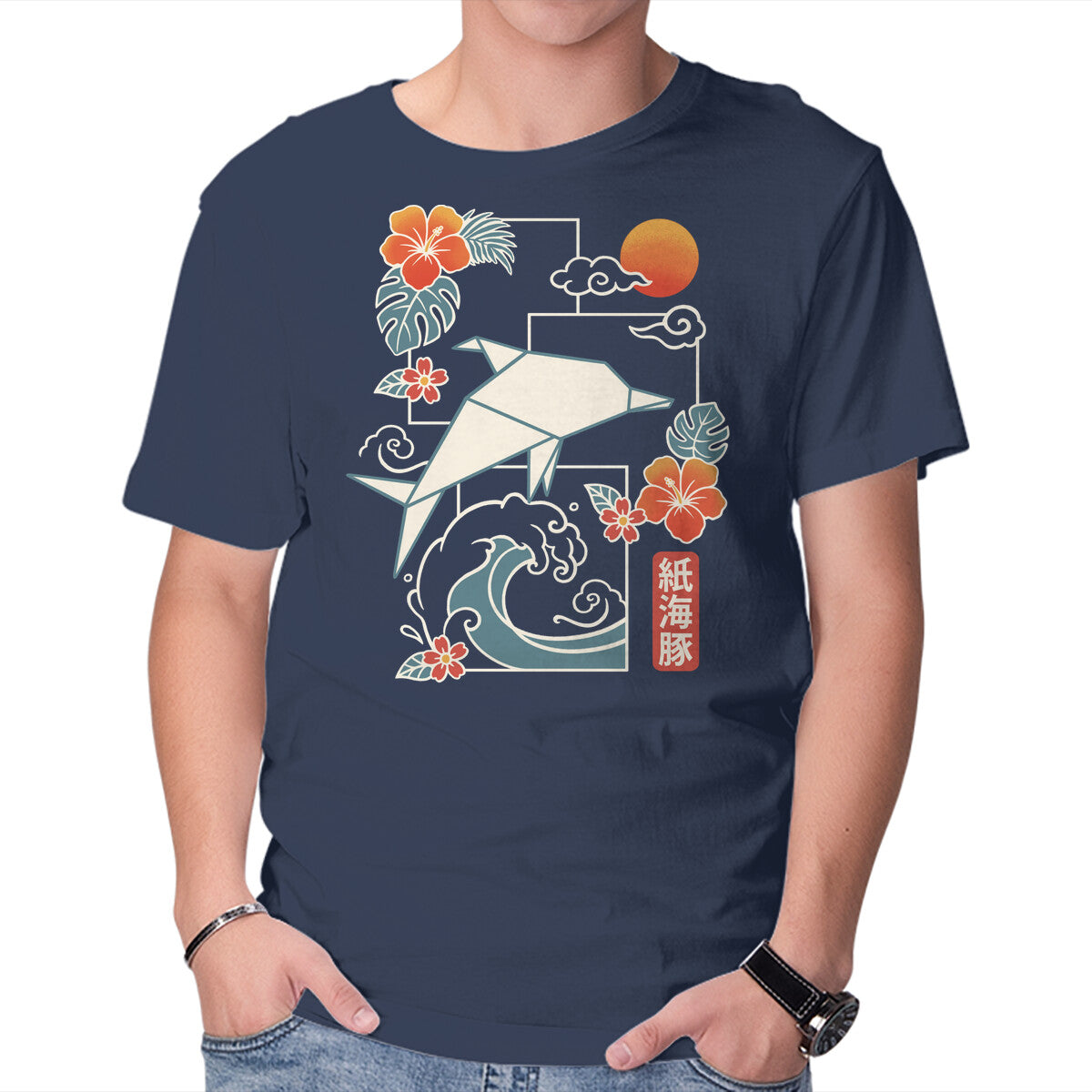 Unisex Crew Neck T-Shirt Origami Dolphin Graphic Short Sleeve Casual Tee L