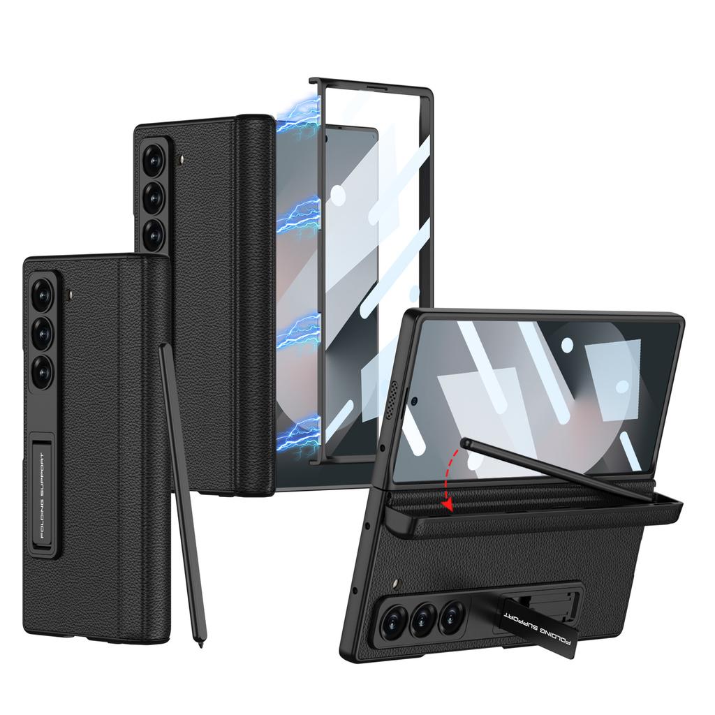 Samsung Fold6 Mobile Phone Case Full Inclusive Anti Fall Magnetic Suction Hinge Folding Rotating Shaft Plain Leather Pen Case Shell Film Sleeve