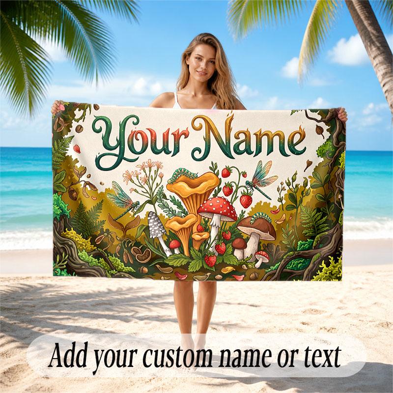 Mushroom Forest Theme Soft Beach Towel Personalized Custom Name Text Towel Portable for Beach Pool Travel