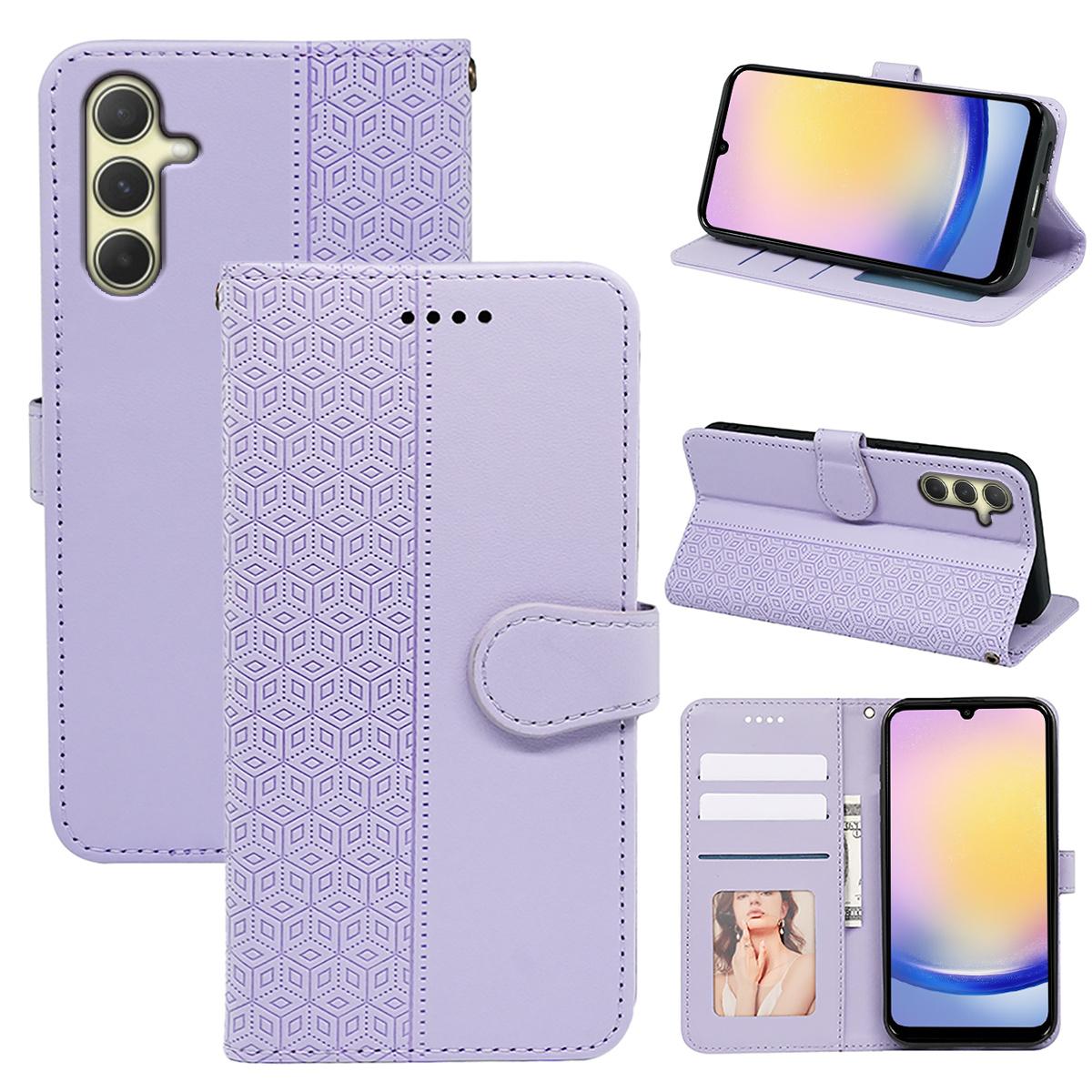 

For Samsung Galaxy A25 5G (Global) (161.0 x 76.5 x 8.3mm) Case Leather Flip Phone Cover Cubic Grid Imprinted Purple