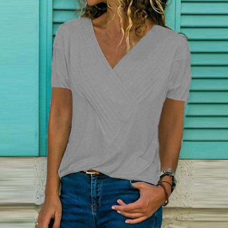 Women's V-neck Tunic Short Sleeve Loose Top T-shirt Plus Stylish Blouse Option