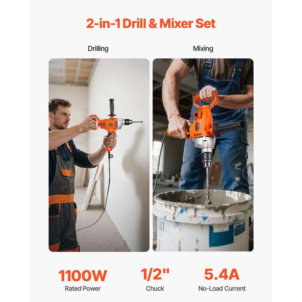 SucceBuy Drill Mixer 1/2in 5/8 In Corded Electric Drill Mixer Set Mixing Drills Machine D-Handle Handheld Cement Mixers