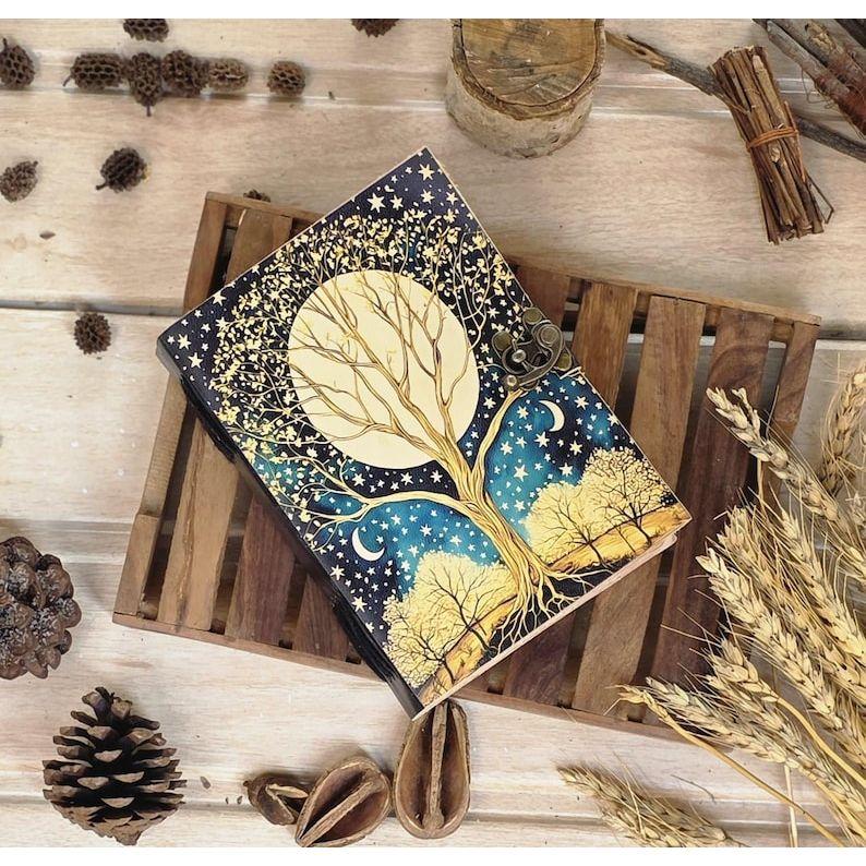 Tree of life  Grimoire Leather Journal, Blank Spell Book of Shadows Celestial leather journal Gifts For Him Her.