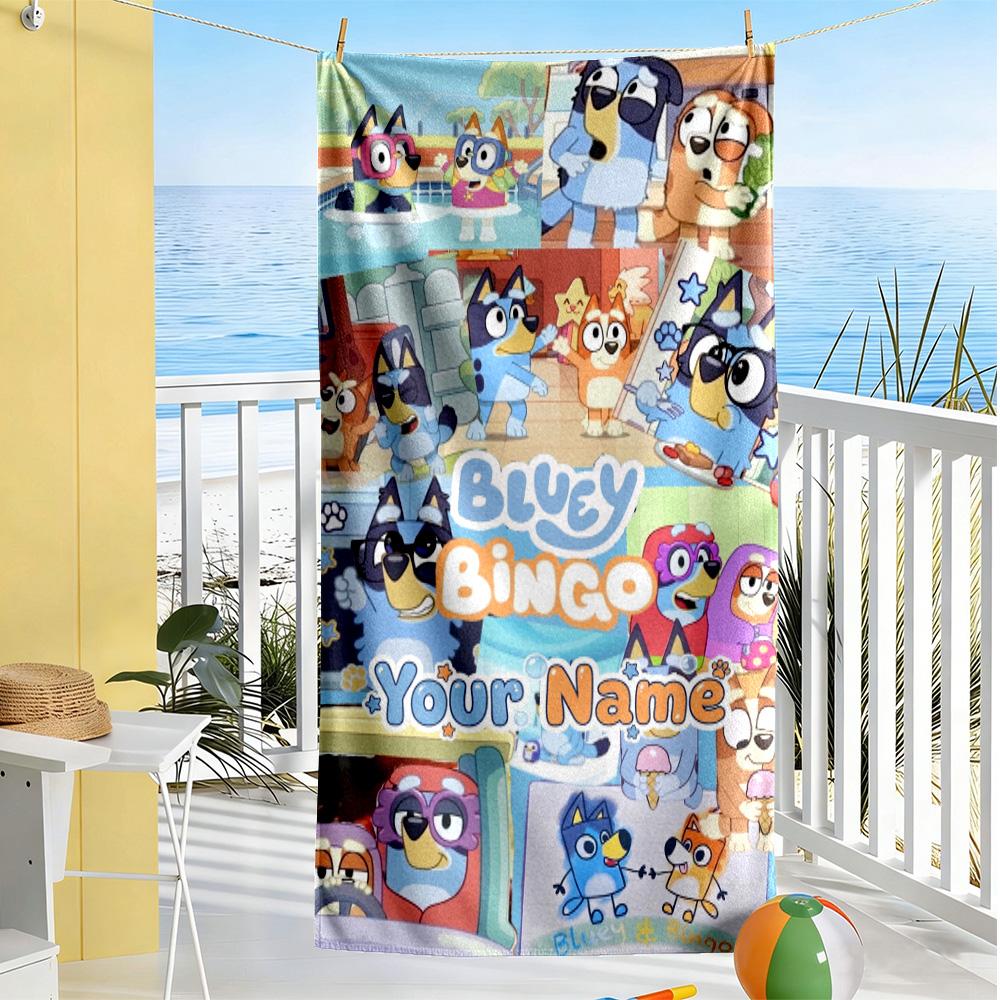 Bluey Customize Text Beach Towel Super Soft Microfiber Quickdry Fabric