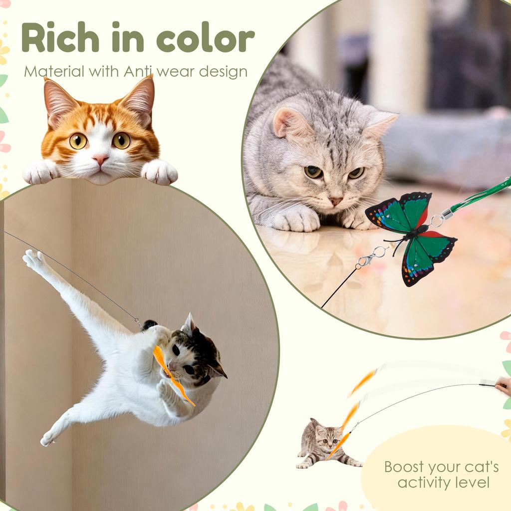 Interactive Cat Feather Toy Indoor Cat Teaser Stick with 2 Wand 11 Feather Toy Suction Cup and 2 Type Of Door Hanging Cat String