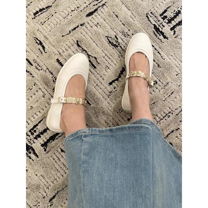 

Metal camellia ballet soft-soled single shoes women s spring small gold buckle Mary Jane flats small leather shoes 40 білий