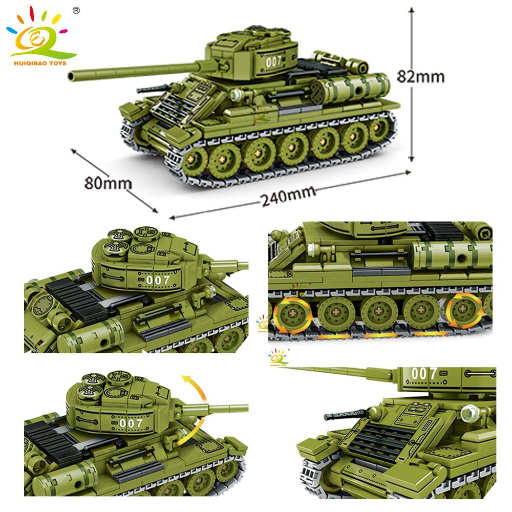 HUIQIBAO WW2 Wojskowy Czołg T-34 Zestaw Klocków Budowlanych dla Dzieci Broń Armii Samochód Ciężarówka Klocki Zabawka Miasto Klocki Budowlane Prezent