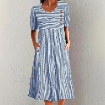Women's Round Neck Short Sleeve Loose High Waist Casual Striped Midi Dress With Side Buttons Pockets