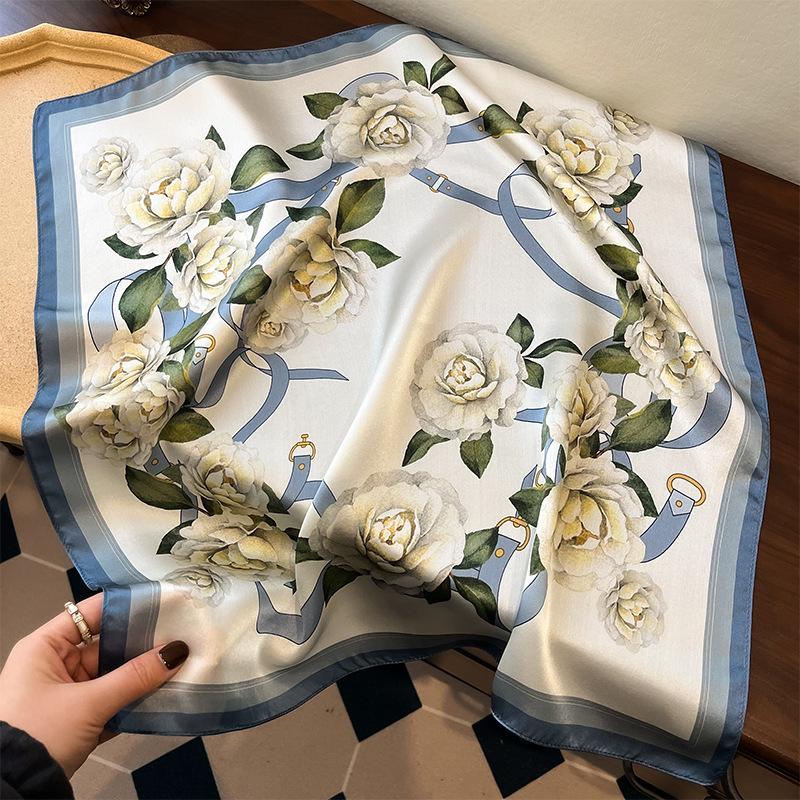 Spring camellia silk scarf women s versatile high-end sense fashion plain crepe satin square scarf 100% mulberry silk scarf 53cm