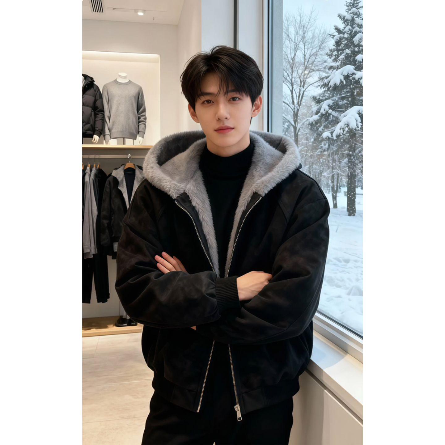 

Men s Winter Lychee Pattern PU Leather Hooded Jacket with Fur Collar and Velvet Lining L (Recommended 110-130 jin) чорний