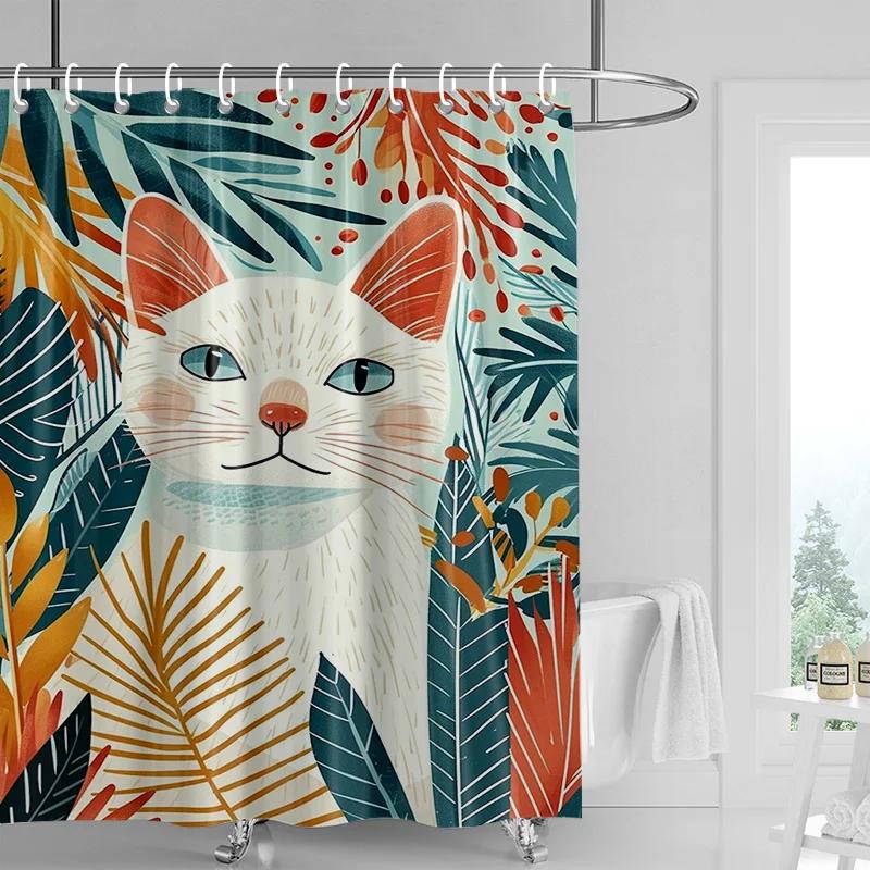 Abstract Art Cat Theme Shower Curtain 180x 200cm Waterproof Mildew-proof Bathroom Curtain Bathroom Ins Wind Decorative Curtain