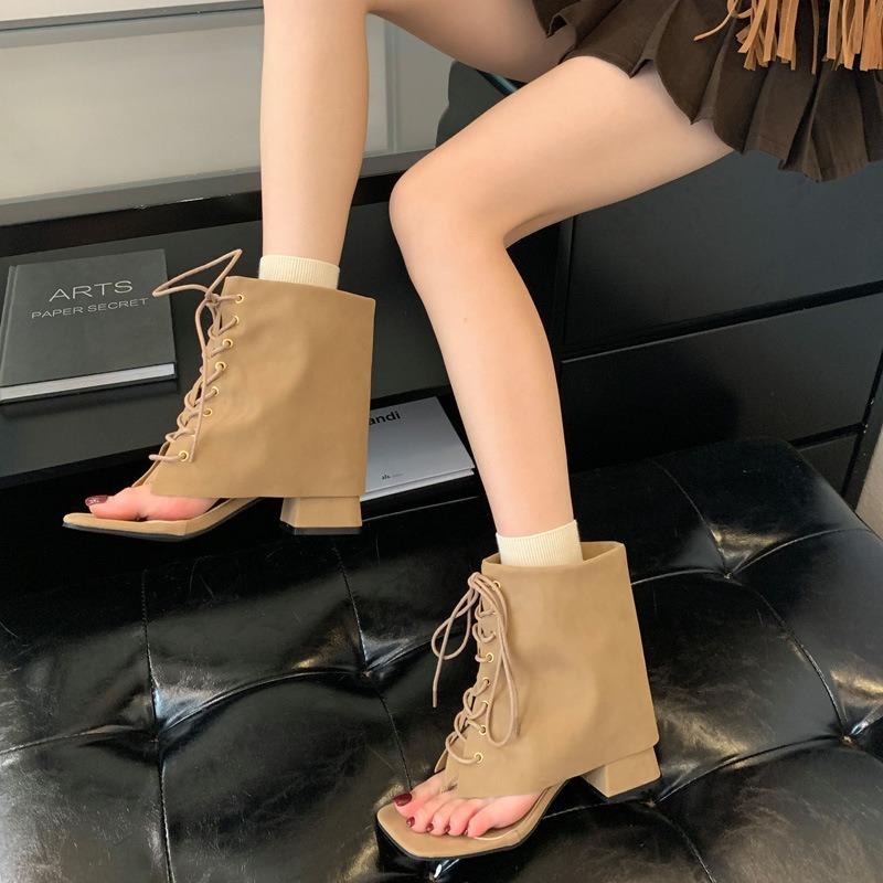 High Heel Fashion Short Boots New Thick Heel Niche Toe Herringbone Cool Boots Women's Head Pant Tube Boots Lace-up Short Boots