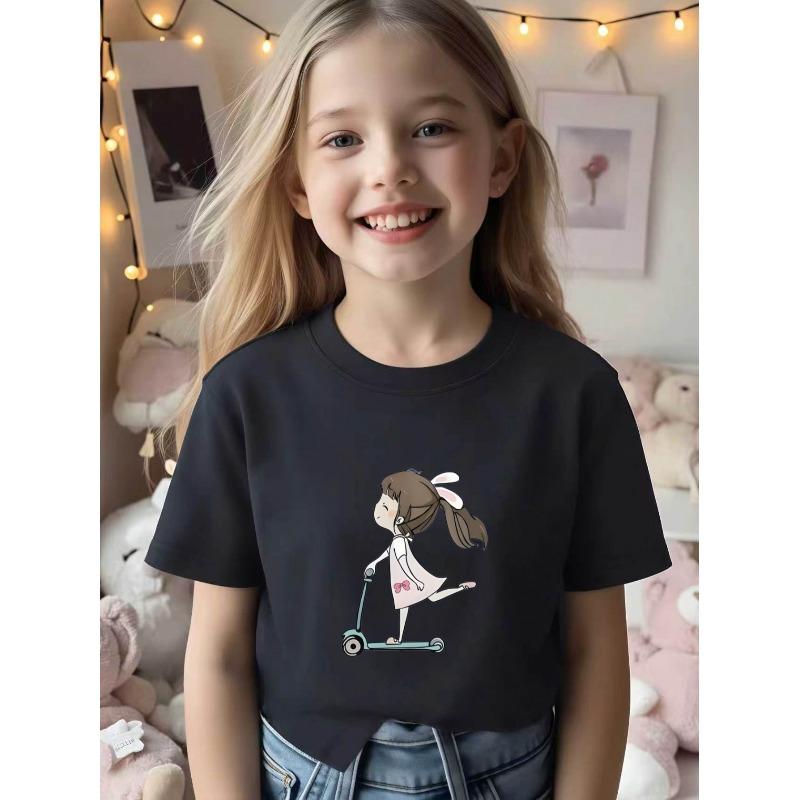 European Sizes Children's Summer Short-Sleeve T-Shirt, Cartoon Print Top for Girls, Featuring a Cute Design, Suitable for Outings and Daily