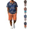 Men's Summer Casual Two Piece Set Short Sleeve Polo Shirt with Printed Design and Matching Drawstring Shorts Lightweight Breathable Fabric