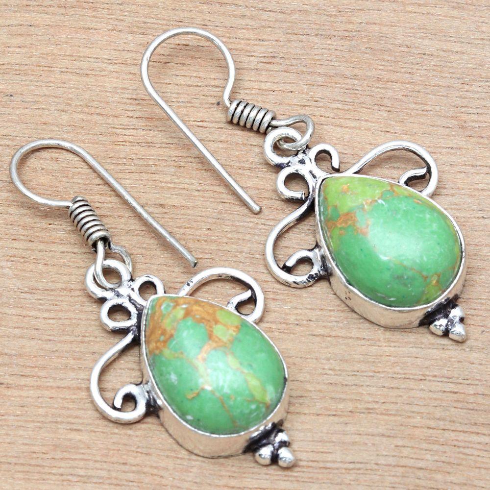 Green Turquoise Gemstone Handmade Gift For Her Silver Jewelry Earrings 1.5"