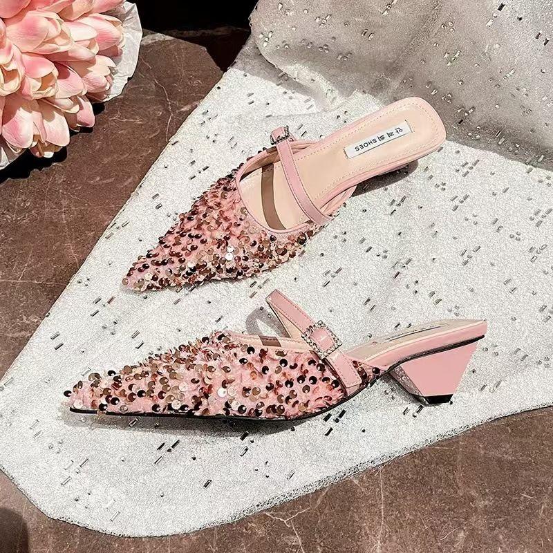 Fashion Sequins Black Slides with Heel Shoes Pointed Toe Women's Mules Slippers and Ladies Sandals Unique Korea Style Easy Wears Shoe 39