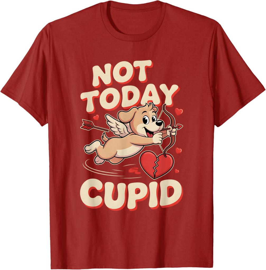 Not Today Cupid Funny Puppy Cartoon Graphic Tee Anti Valentine Casual Short Sleeve T-Shirt