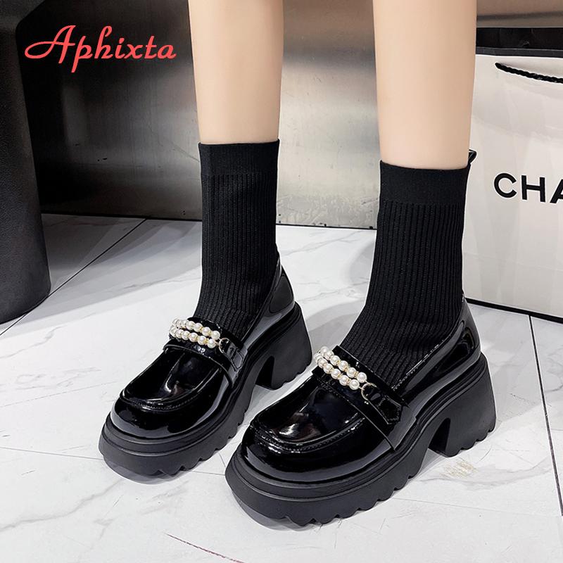 Aphixta Black 6.5cm High Heels Modern Boots Pearl Design Platform Ankle Boots Women Sock Boot Sweet Student Botas Mujer Botines