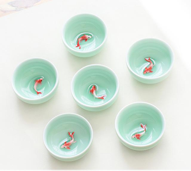 Kung Fu Tea Cup Set Crackle Glaze Travel Tea Bowl 6pcs Celadon Golden Fish China tea set,Chinese Porcelain Teacup Set