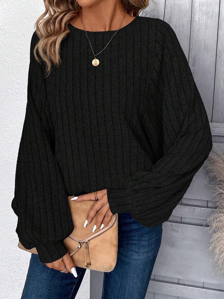2025 Cozy European/American Autumn/Winter Batwing Sleeve Knitted Pullover: Casual Round Neck Long Sleeve Top