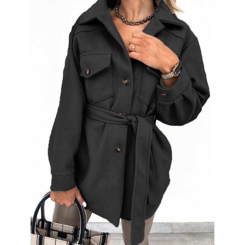 Autumn Winter Long Sleeved Cardigan Women Coats Plus Size Solid Color Casual Loose Simple Lapel Button Woolen Jackets Pockets Lace-up Women's Clothing