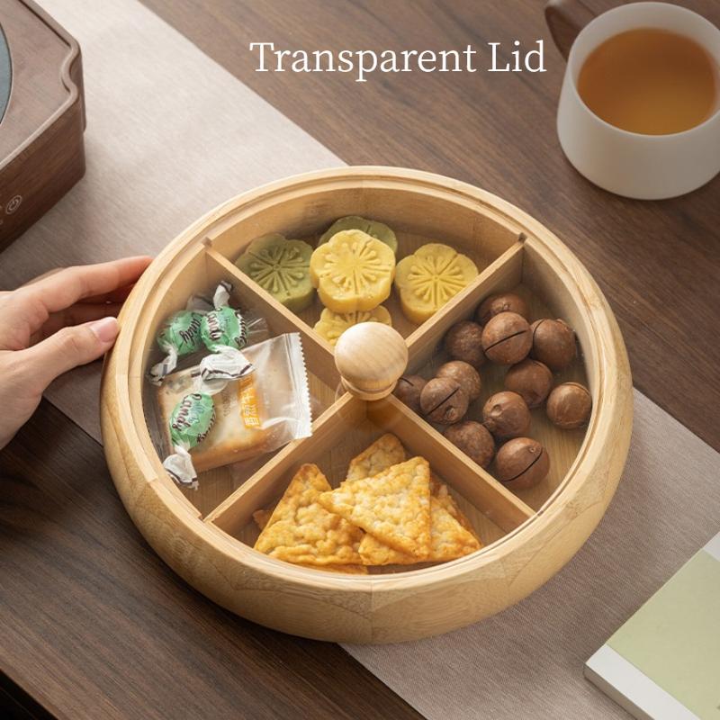 Chinese Style Bamboo Tea Tray with Lid, Luxury Round Fruit Platter with Compartments for Afternoon Tea Snacks, Home Serving Tray