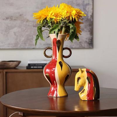 Vaso in Ceramica Colorato Disegnato a Mano Geometria Vaso per Fiori Testa di Cavallo Statue di Animali Simulate Artigianato in Ceramica Decorazione per la Casa