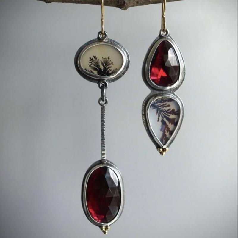 Vintage Round Waterdrop Inlaid Red Stone Earrings Geometric Creativity Silver Color Dangle Earrings for Women Jewelry