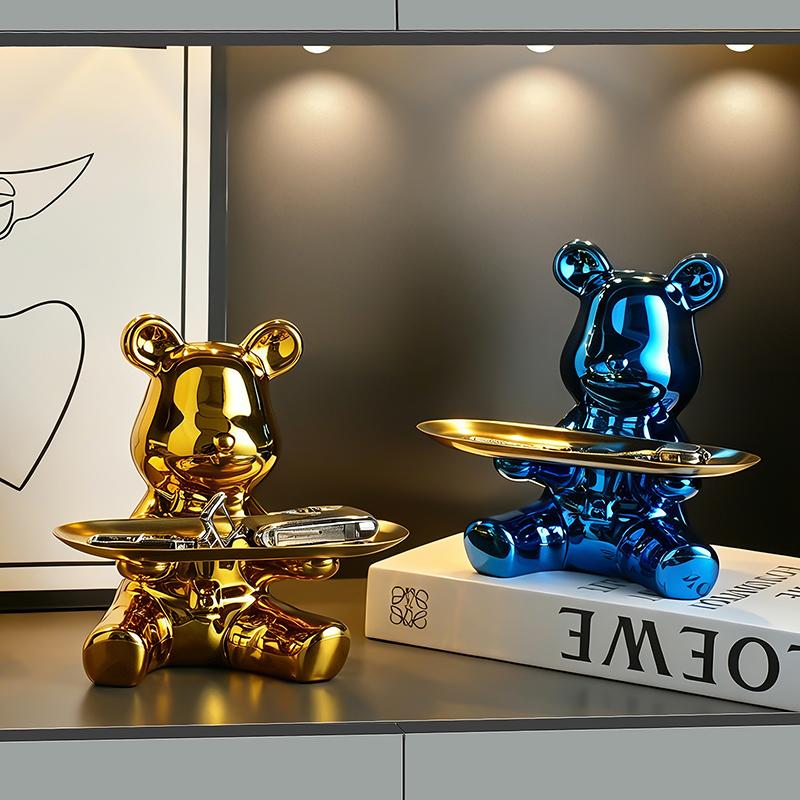 Scultura Artistica di Orso Assortito con Vassoio in Metallo Statuetta Decorativa per Ingresso, Soggiorno, Scrivania d'Ufficio e Esposizione in Casa