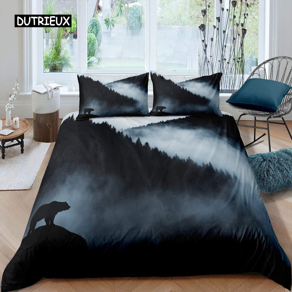 Smoky Mountain Duvet Cover Set Pine Trees Comforter Cover Boys Landscape Quilt Cover Natural Scenery Art Polyester Bedding Set