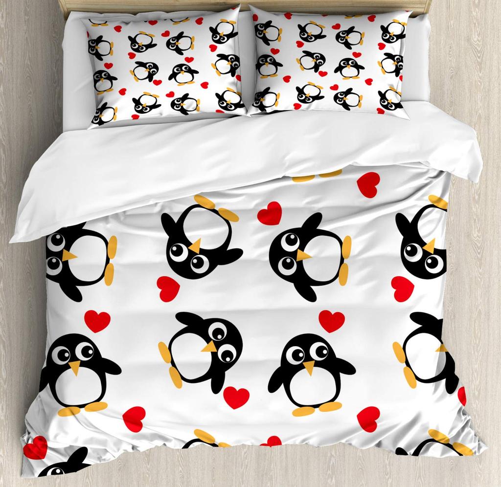 Cute Penguin And Love Heart Duvet Cover Set For Kids Teens Lightweight Quilt Cover With 2 Pillowcase Cartoon Penguin Bedding Set