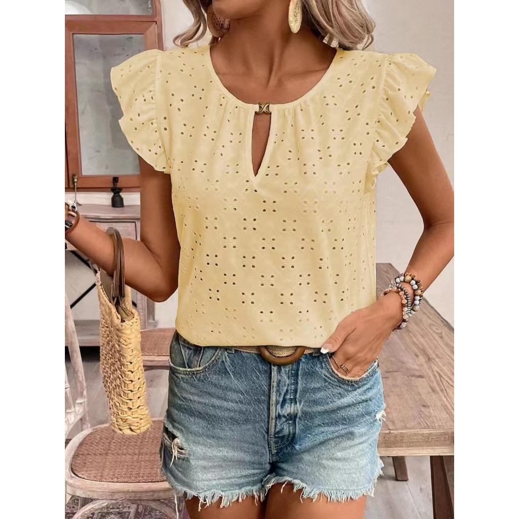 Jacquard V-Neck Push-Up Sleeve Short Sleeve T-Shirt Top,Women's