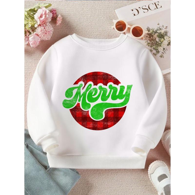 Kids Sweatshirt Soft Red & Green Plaid Christmas Sweater-Style Pullover - Cozy Loose-Fit Long Sleeve Crewneck Sweatshirt with Merry Lettering