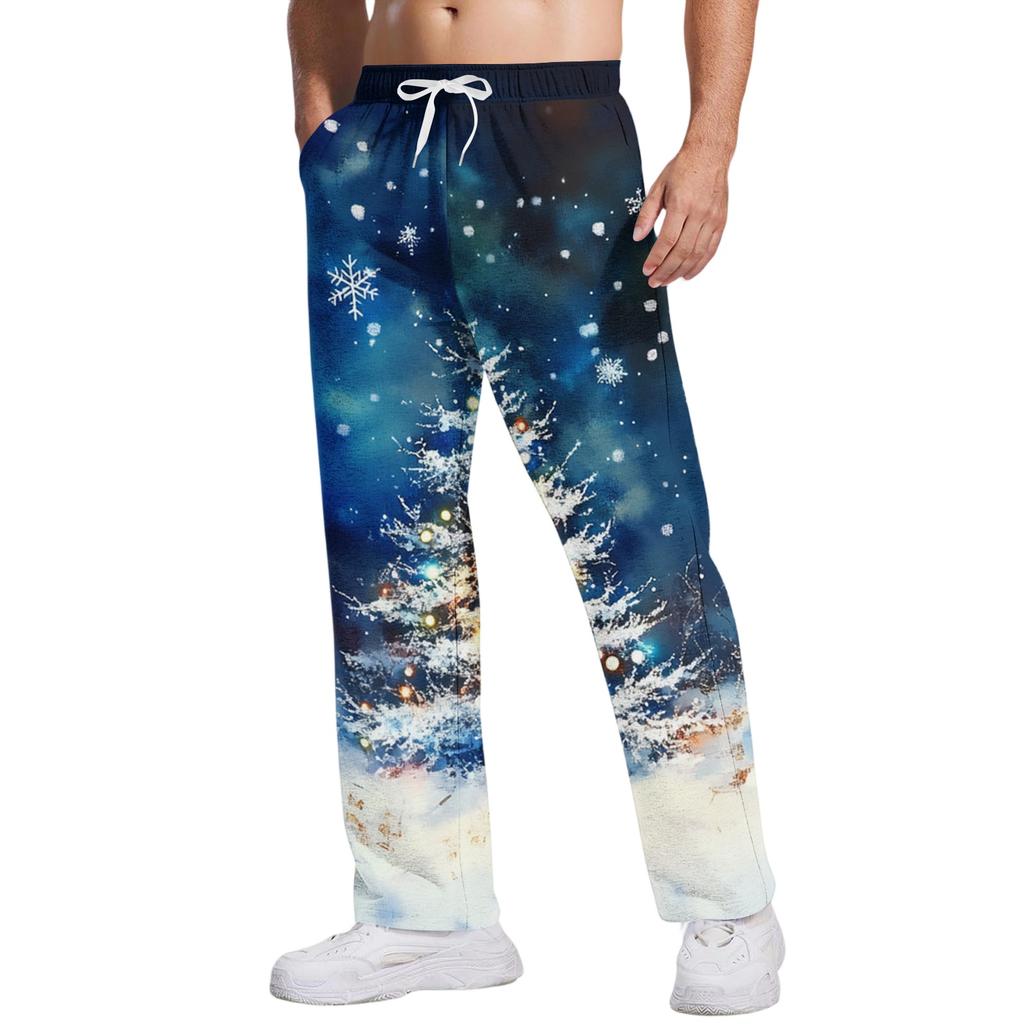 Men's Christmas Print Casual Pants, Loose Fit Straight Leg Trousers with Elastic Waist and Pockets for Holiday Party and Everyday Wear