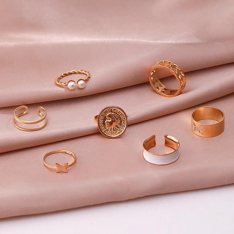 Ring, Fashion Pearl Opening Hollow Butterfly Drip Oil 7-Piece Ring Women