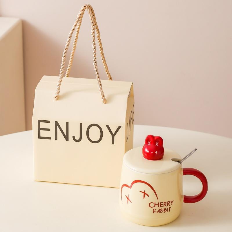 Cartoon cute rabbit ceramic mug household milk cup breakfast cup with lid gift water cup couple coffee cup