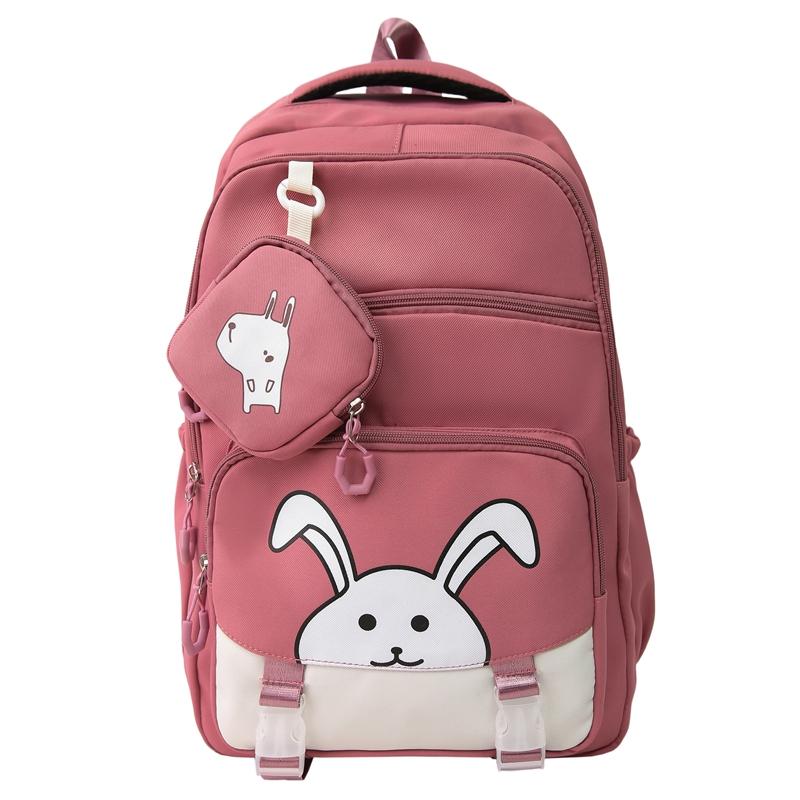 

Ранец для ученика начальной школы с мультяшным принтом кролика, женский рюкзак большой вместимости, легкий, с кошельком для монет ярко-розовый