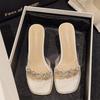 Transparent high-heeled cool slippers for women's summer wear 2025 new fairy feng rhinestone thick heel one-word crystal sandals