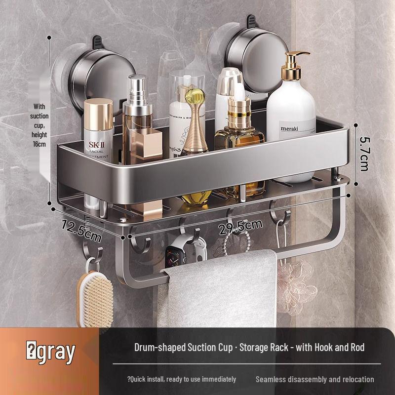 No-Drill Wall-Mount Bathroom Storage Rack with Suction Cup