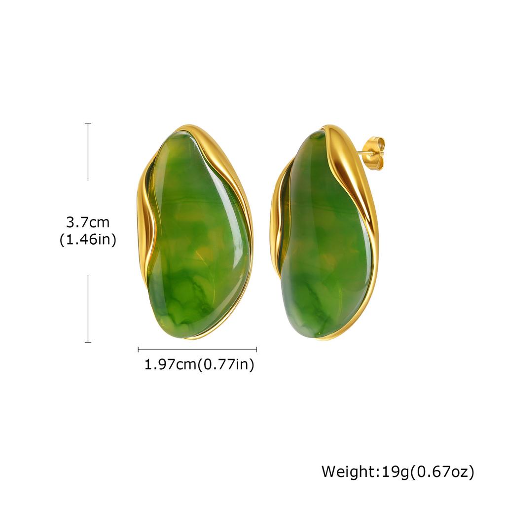 White Brown Green Resin Geometric Stud Earrings, Gold Plated Stainless Steel Earrings, New Design Jewelry for Women Gift