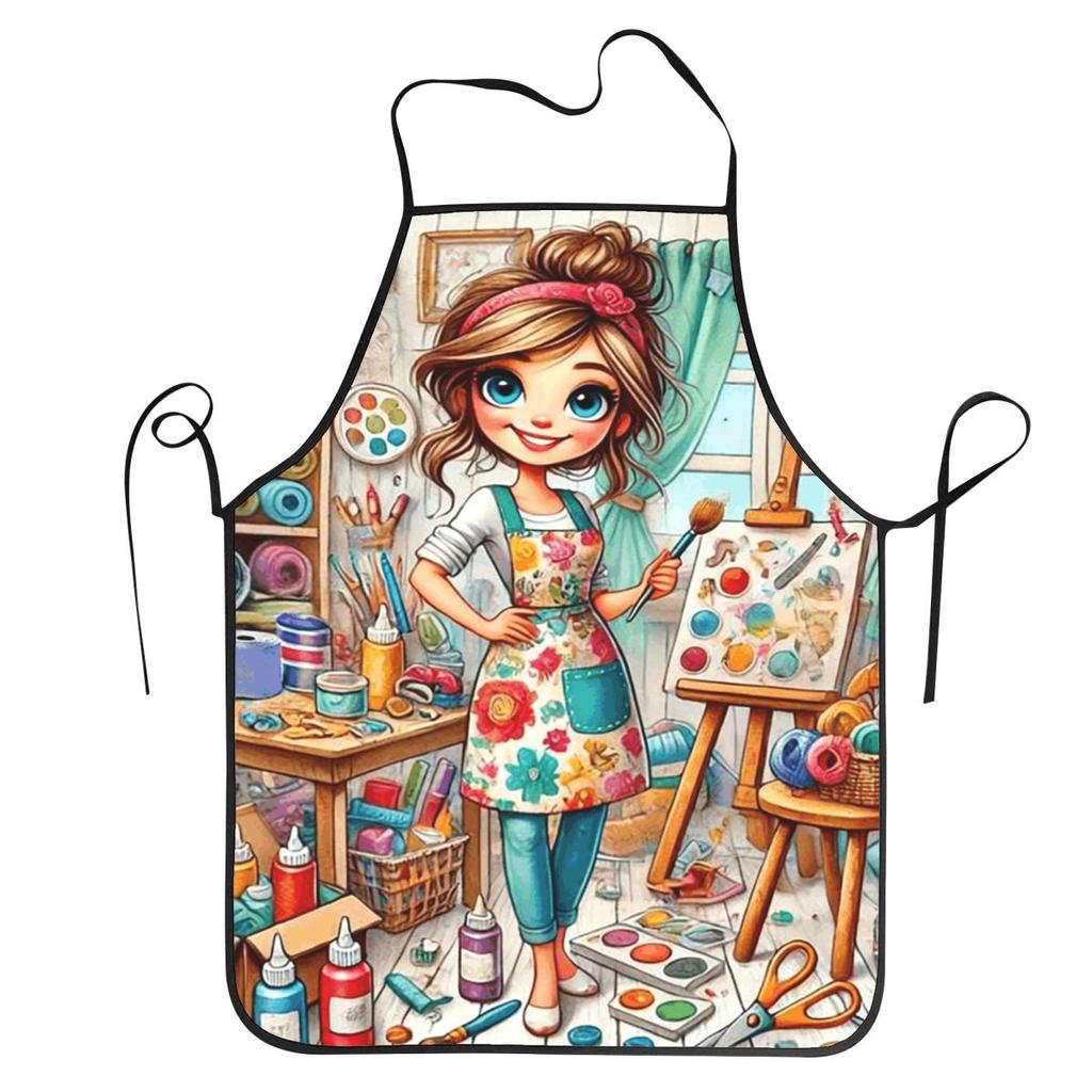 Cute Girl Painting Art Pattern Apron Chef Cooking Tablier Sleeveless Bib Kitchen Cleaning Pinafore for Women Men Gardening