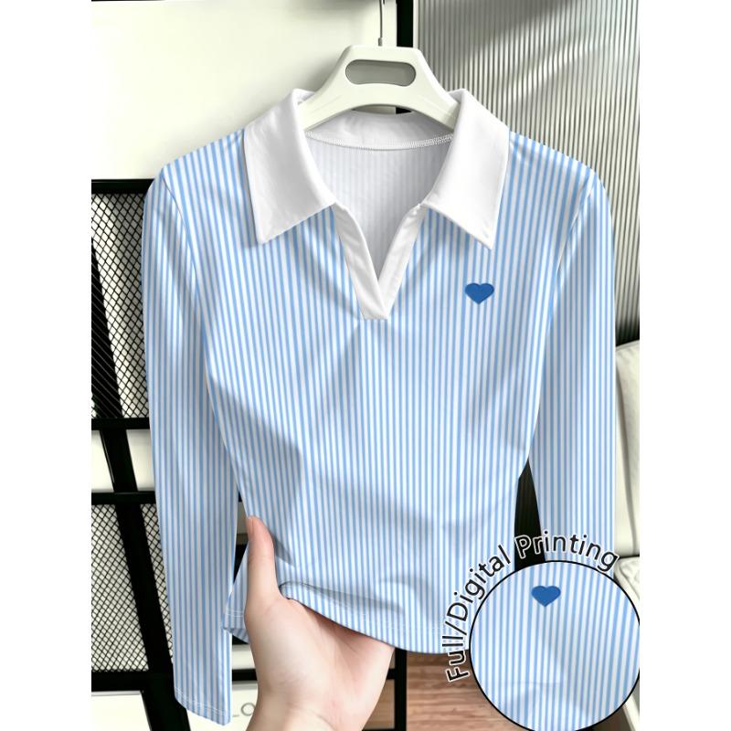 Fresh Blue and White Striped Long-sleeved Shirt for Women, Simple Lapel Design, Heart Pattern on the Chest