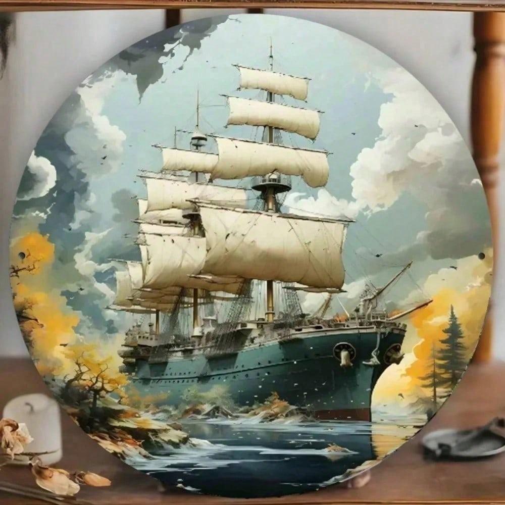 Vintage Round Tin Sign Stormy Seas Nautical Decor 8x8 Inch Rustic Metal Ship Wall Art For Home Retro Sailboat