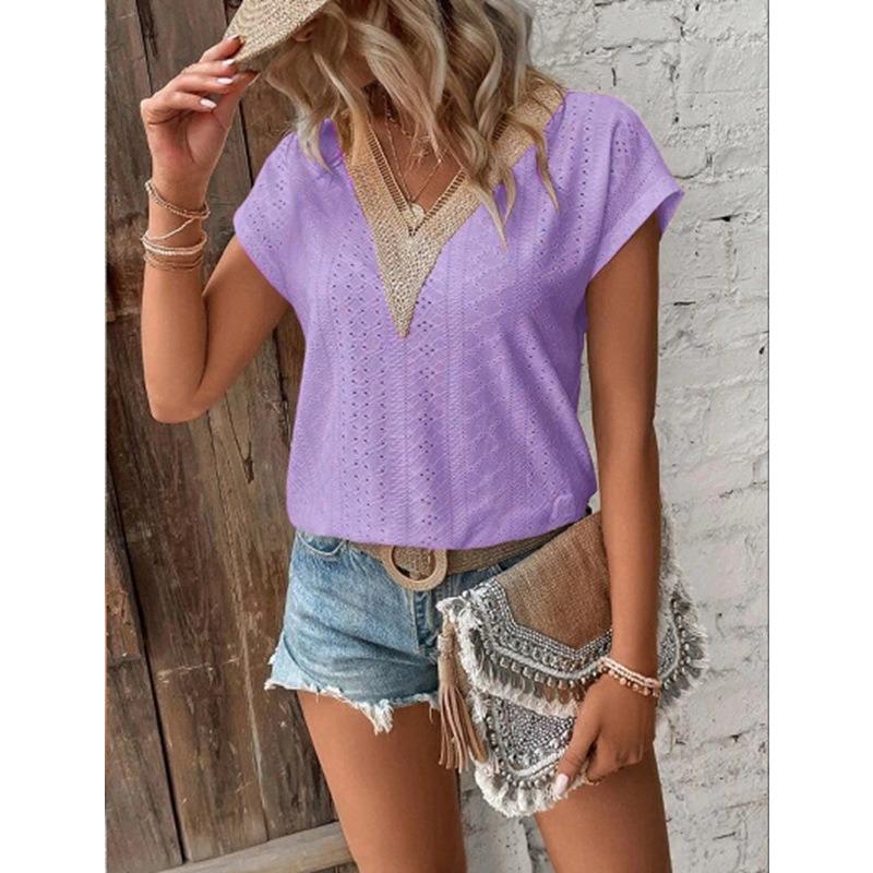 V-neck Solid Color Bat Sleeve Casual Women's T-shirts