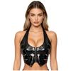 Ladies Y2k Glossy PU Mini Corset Top Halter Neck V Cut Front Zip Back Lace Up Sleeveless Crop Vest for Nightclub Party