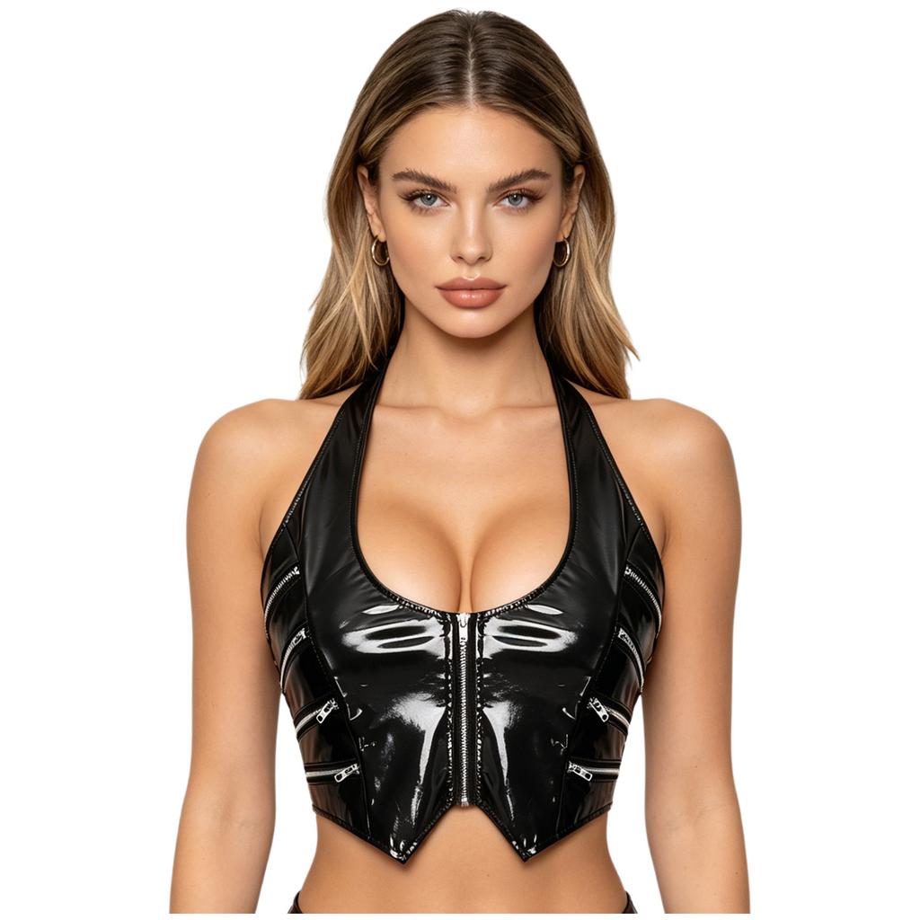 Ladies Y2k Glossy PU Mini Corset Top Halter Neck V Cut Front Zip Back Lace Up Sleeveless Crop Vest for Nightclub Party